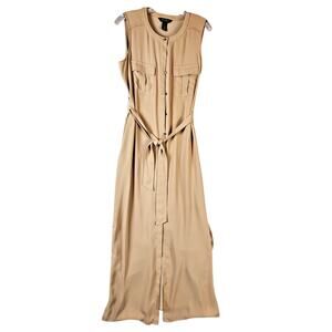 White House Black Market Sleeveless Maxi Shirt Dress Size 6 Belted Button Beige